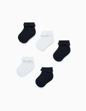 Pack of 5 Pairs of Socks with Crochet for Baby Girls, White/Blue