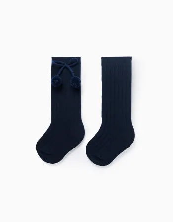 High Socks with Pompons for Baby Girls, Dark Blue