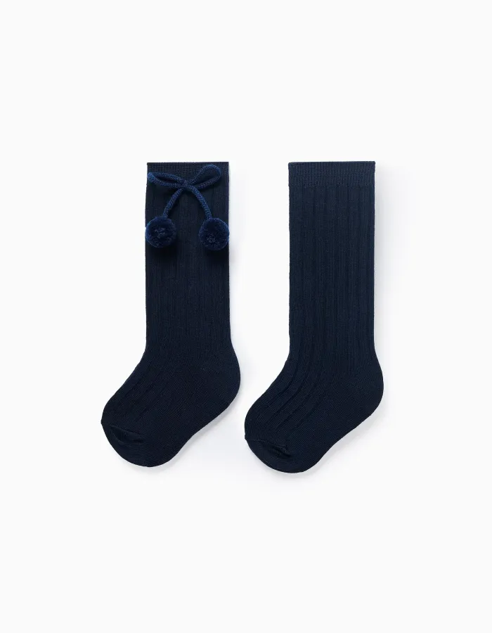 High Socks with Pompons for Baby Girls, Dark Blue