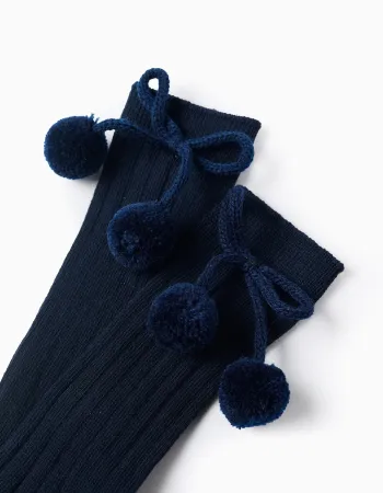 High Socks with Pompons for Baby Girls, Dark Blue