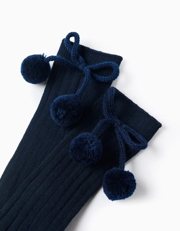 High Socks with Pompons for Baby Girls, Dark Blue