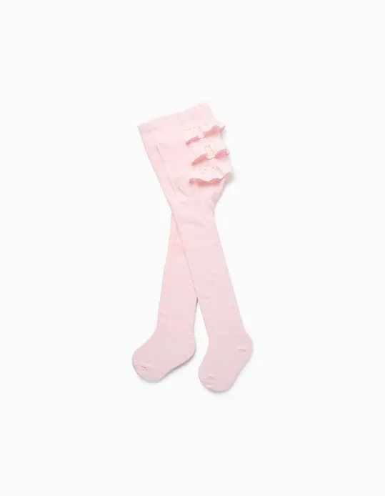 Tights with Ruffles and English Embroidery for Baby Girls, Light Pink