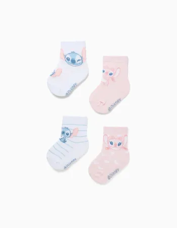 4 socks with Stitch and Angel for newborn and baby girls, white/pink