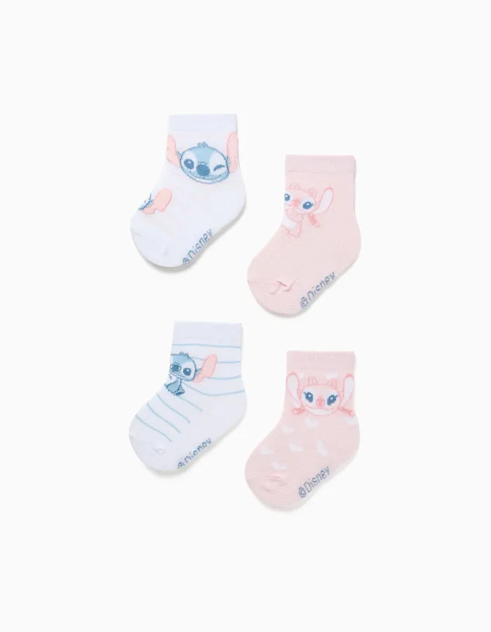 4 socks with Stitch and Angel for newborn and baby girls, white/pink