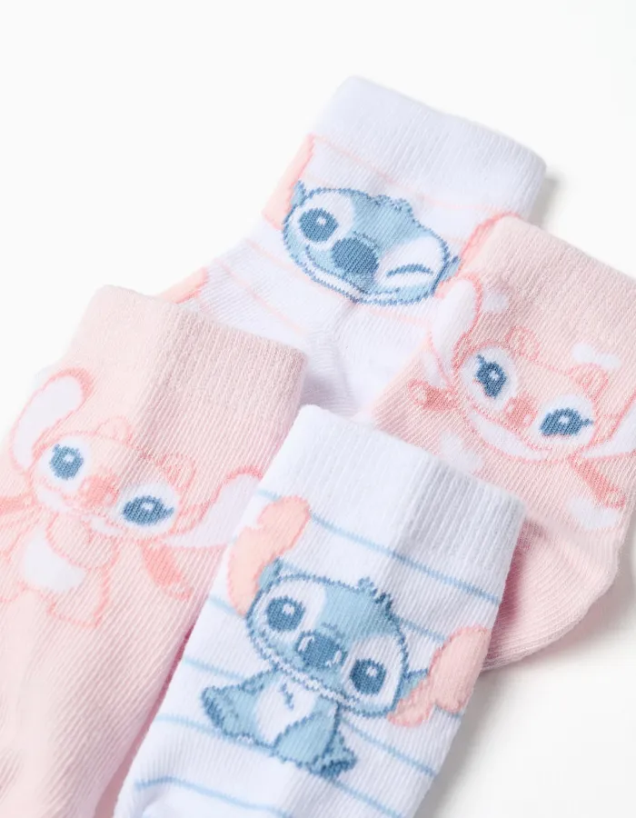 4 socks with Stitch and Angel for newborn and baby girls, white/pink