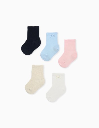 Pack of 5 pairs of plain socks for baby girls, pink/white/beige/blue