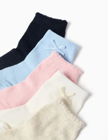 Pack of 5 pairs of plain socks for baby girls, pink/white/beige/blue