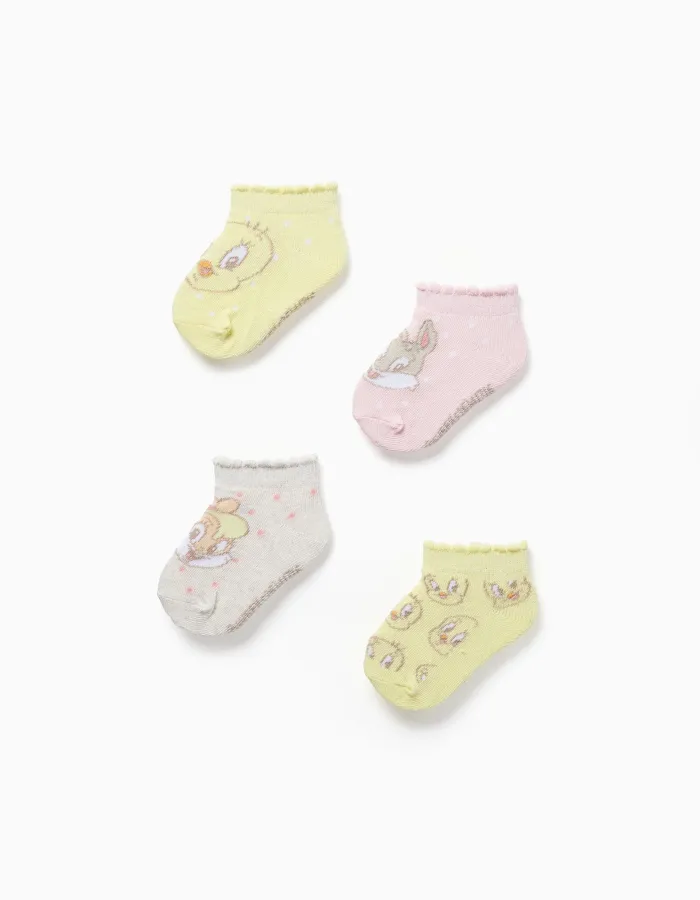 Pack of 4 pairs of ankle socks Looney Tunes for baby girls, yellow/pink
