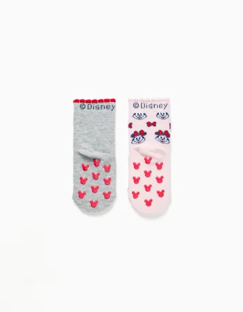2 non-slip socks with Minnie print for newborn and baby girls, grey/pink