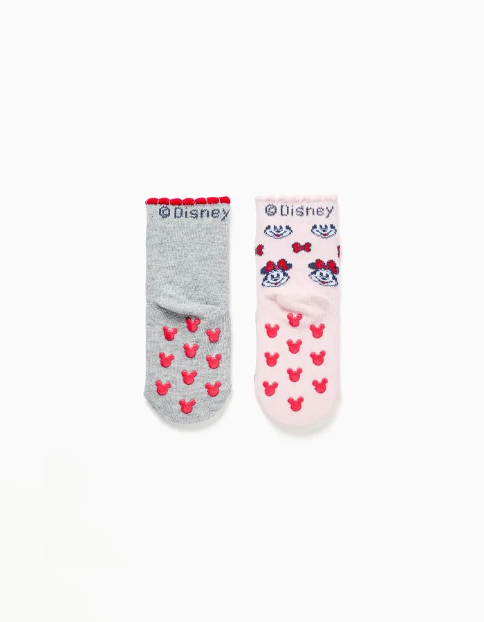 2 non-slip socks with Minnie print for newborn and baby girls, grey/pink