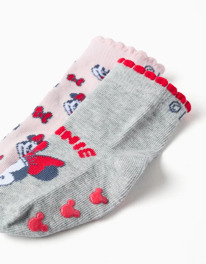 2 non-slip socks with Minnie print for newborn and baby girls, grey/pink