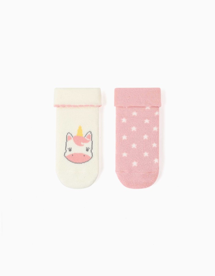 2 non-slip socks with unicorn for newborn and baby girls, white/pink