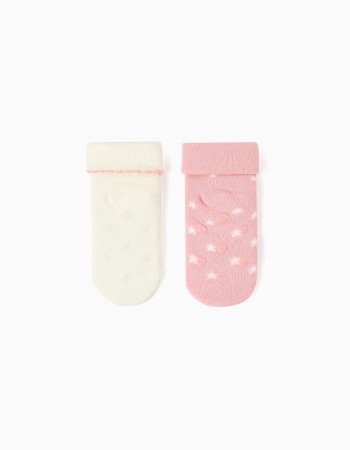 2 non-slip socks with unicorn for newborn and baby girls, white/pink