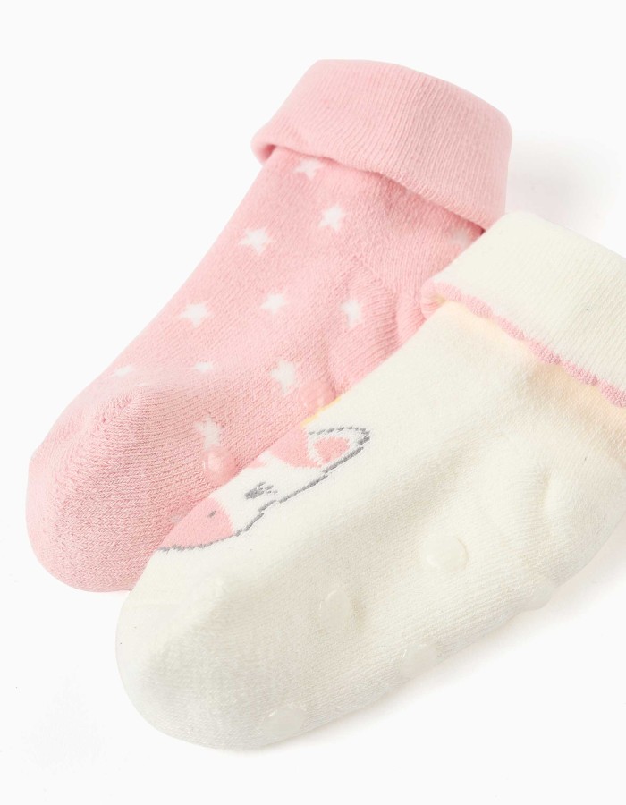2 non-slip socks with unicorn for newborn and baby girls, white/pink