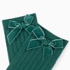 Ribbed knee-high socks with velvet bow for baby girls, dark green