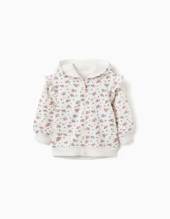 Hooded fleece jacket with floral pattern for baby girls, white