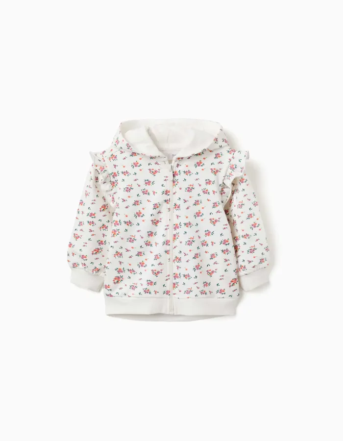 Hooded fleece jacket with floral pattern for baby girls, white