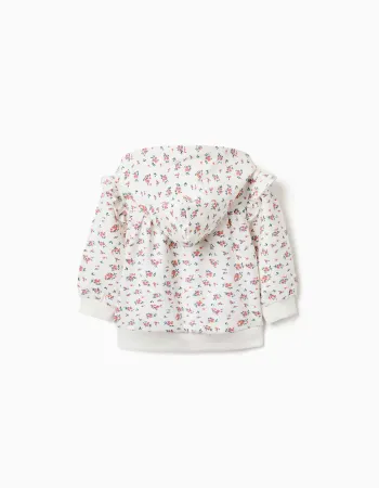 Hooded fleece jacket with floral pattern for baby girls, white