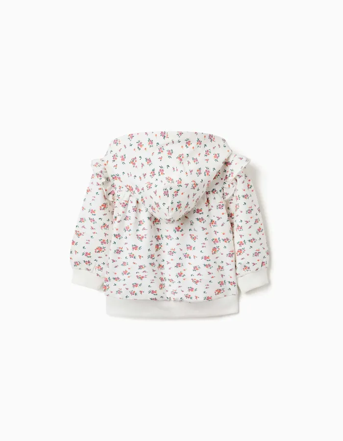 Hooded fleece jacket with floral pattern for baby girls, white