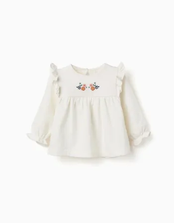 Brushed sweatshirt with embossed flowers for baby girls, white