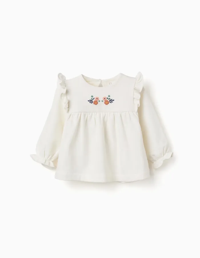 Brushed sweatshirt with embossed flowers for baby girls, white