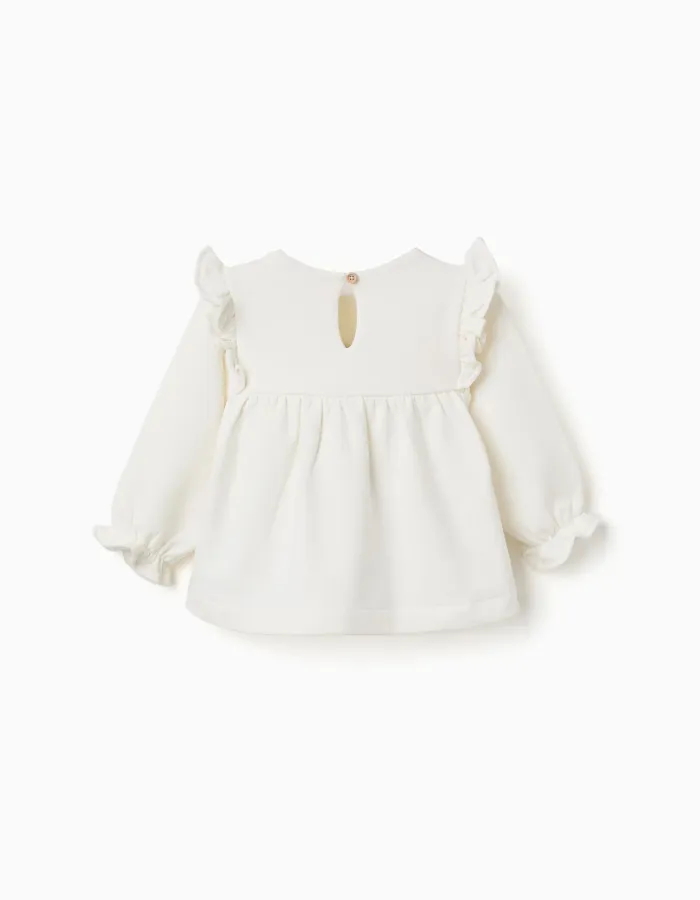 Brushed sweatshirt with embossed flowers for baby girls, white