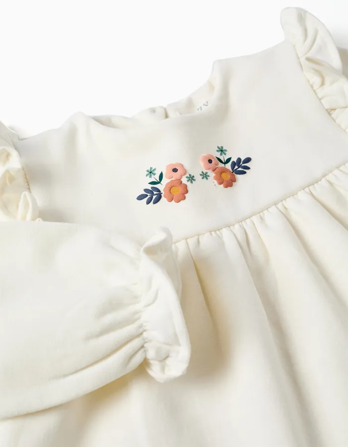 Brushed sweatshirt with embossed flowers for baby girls, white