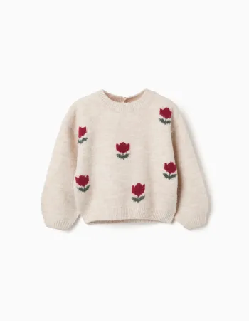 Knitted jumper with intarsia flowers for baby girls, light beige
