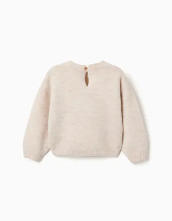 Knitted jumper with intarsia flowers for baby girls, light beige