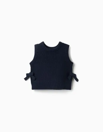 Knitted vest with side bows for baby girls, navy blue