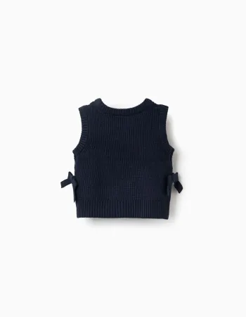 Knitted vest with side bows for baby girls, navy blue