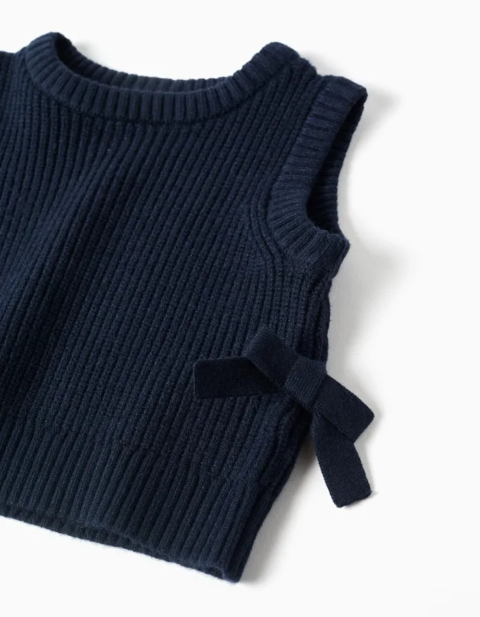 Knitted vest with side bows for baby girls, navy blue