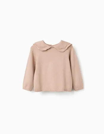 Knitted jumper with scalloped collar for baby girls, beige