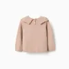 Knitted jumper with scalloped collar for baby girls, beige