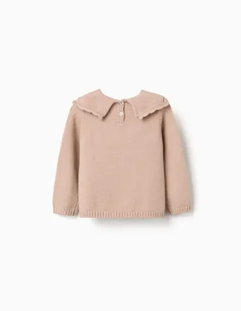 Knitted jumper with scalloped collar for baby girls, beige