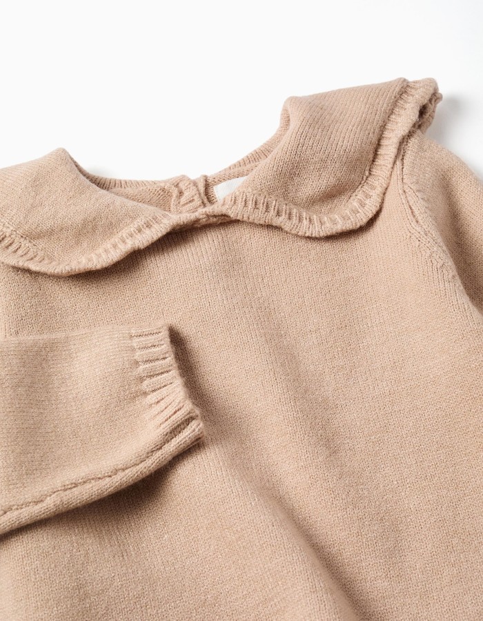 Knitted jumper with scalloped collar for baby girls, beige