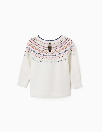 Knitted jumper with jacquard pattern for baby girls, white