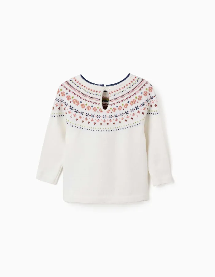Knitted jumper with jacquard pattern for baby girls, white