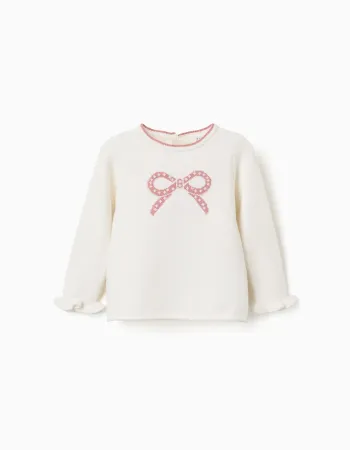 Knitted jumper with jacquard bow for baby girls, white/pink