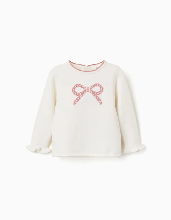 Knitted jumper with jacquard bow for baby girls, white/pink
