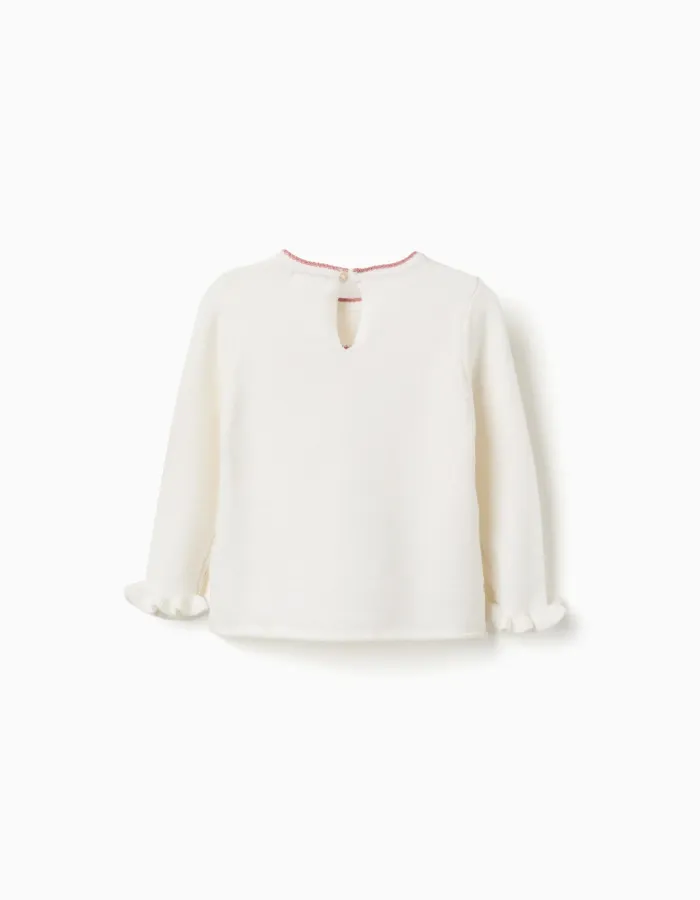 Knitted jumper with jacquard bow for baby girls, white/pink