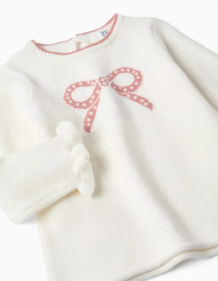 Knitted jumper with jacquard bow for baby girls, white/pink