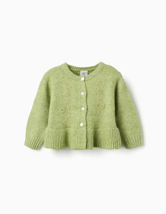 Cardigan with embroidered flowers for baby girls, lime green