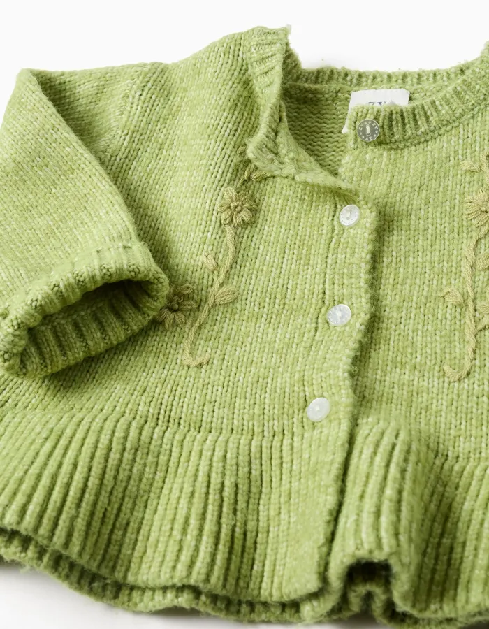 Cardigan with embroidered flowers for baby girls, lime green