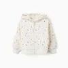 Brushed hooded jacket with floral pattern for baby girls, white
