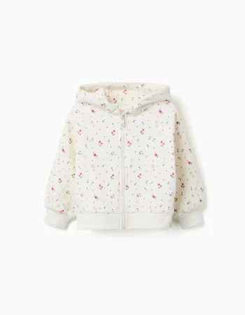 Brushed hooded jacket with floral pattern for baby girls, white