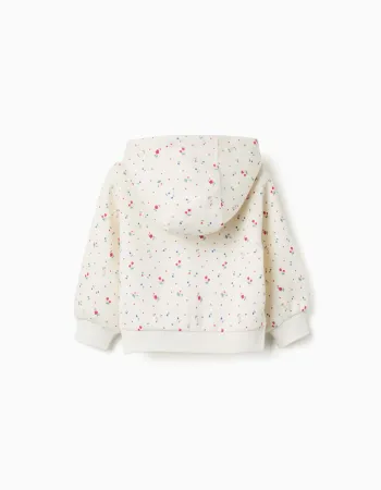 Brushed hooded jacket with floral pattern for baby girls, white