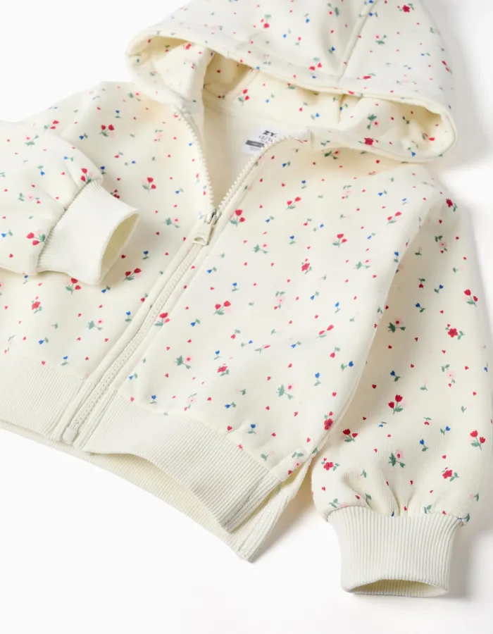 Brushed hooded jacket with floral pattern for baby girls, white