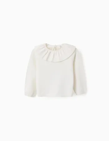 Knitted jumper with ruffled collar for baby girls, white