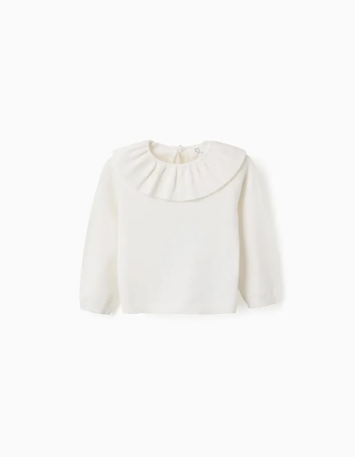 Knitted jumper with ruffled collar for baby girls, white
